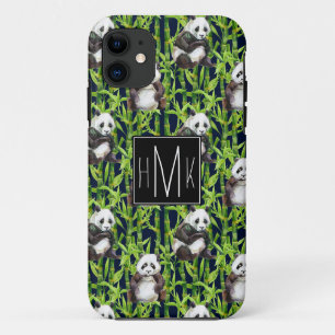 Panda With Bamboo Watercolor Pattern   Monogram iPhone 11 Case