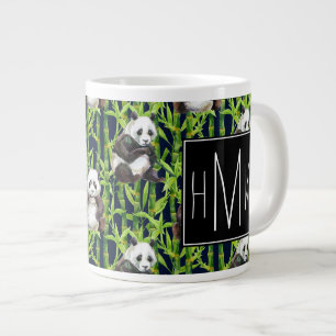 Panda With Bamboo Watercolor Pattern   Monogram Large Coffee Mug