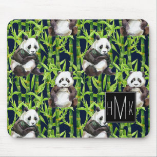 Panda With Bamboo Watercolor Pattern Monogram Mouse Mat
