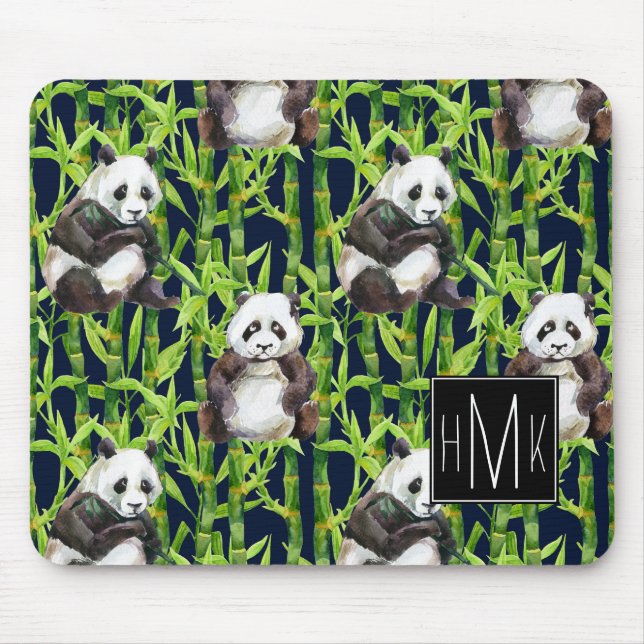 Panda With Bamboo Watercolor Pattern | Monogram Mouse Mat (Front)