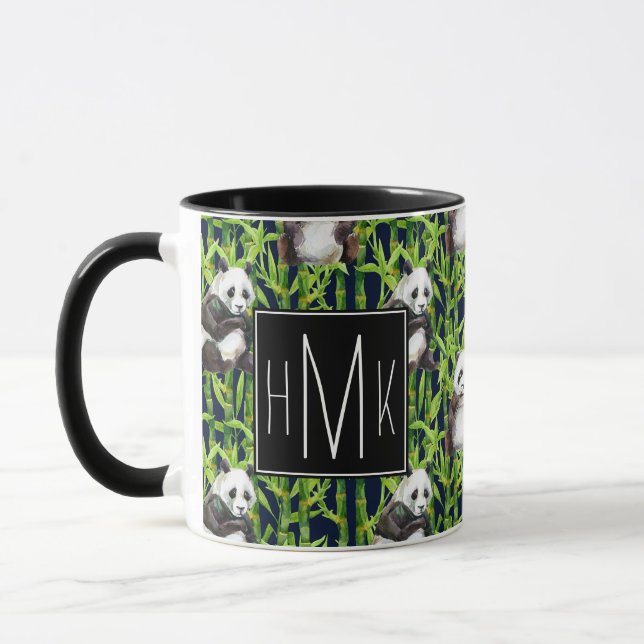 Panda With Bamboo Watercolor Pattern | Monogram Mug (Left)