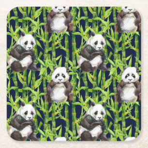 Panda With Bamboo Watercolor Pattern Square Paper Coaster