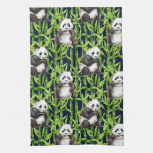 Panda With Bamboo Watercolor Pattern Tea Towel