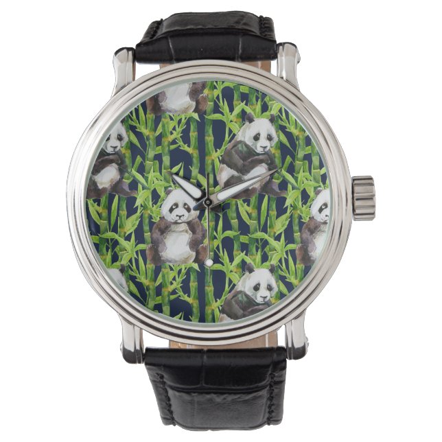 Panda With Bamboo Watercolor Pattern Watch (Front)