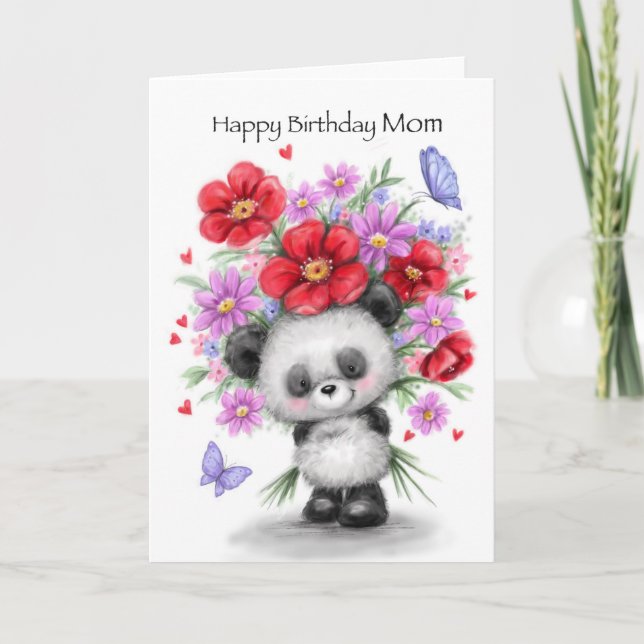 Panda with Beautiful Flowers, Happy Birthday MOM Card (Front)