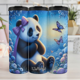 Panda with Butterflies in Flowers Thermal Tumbler
