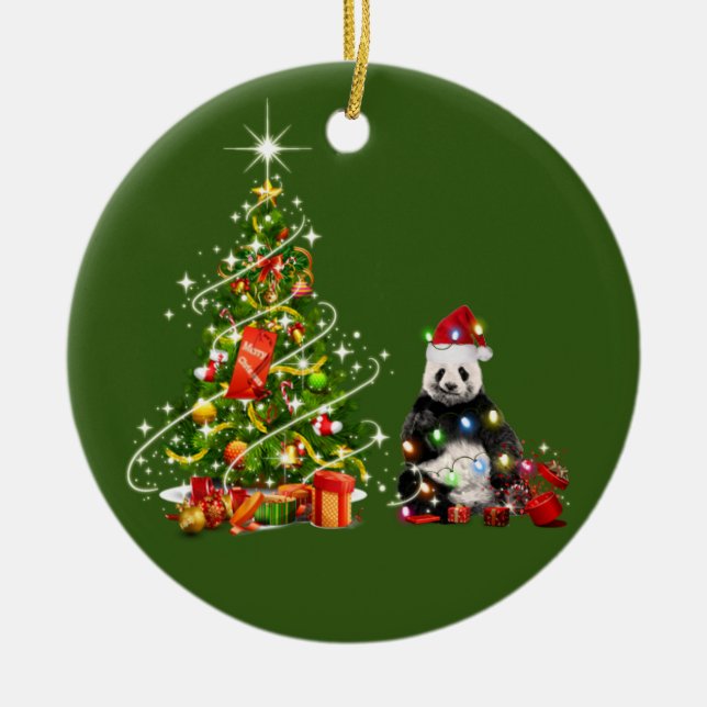 Panda With Hat LIGHTS Christmas Ceramic Tree Decoration (Front)