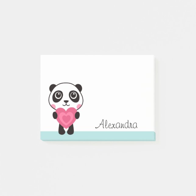 Panda with heart personalised name post-it notes (Front)