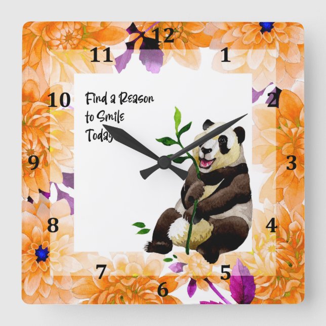 Panda with Orange Flower Frame Square Wall Clock (Front)