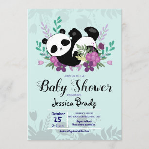 Panda with Purple Flowers Baby Shower Invitation
