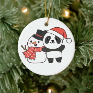 Panda With Snowman In Winter For Christmas Ceramic Tree Decoration