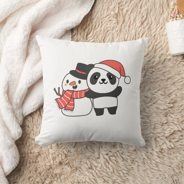 Panda With Snowman In Winter For Christmas Cushion (Blanket)