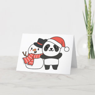 Panda With Snowman In Winter For Christmas Holiday Card