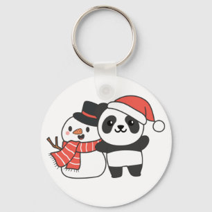Panda With Snowman In Winter For Christmas Keychai Key Ring