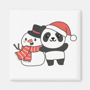 Panda With Snowman In Winter For Christmas Magnet