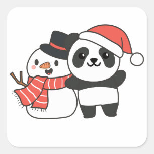 Panda With Snowman In Winter For Christmas Square Square Sticker