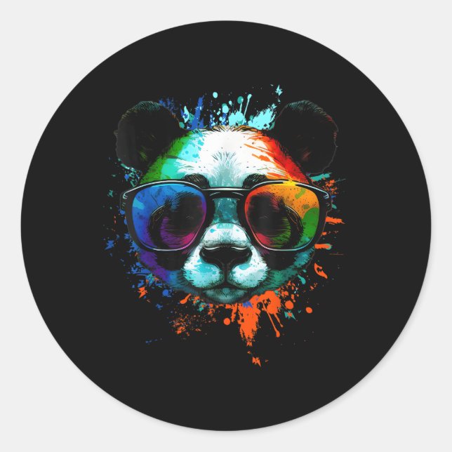 Panda With Sunglasses With Colourful Ink Splashes Classic Round Sticker (Front)