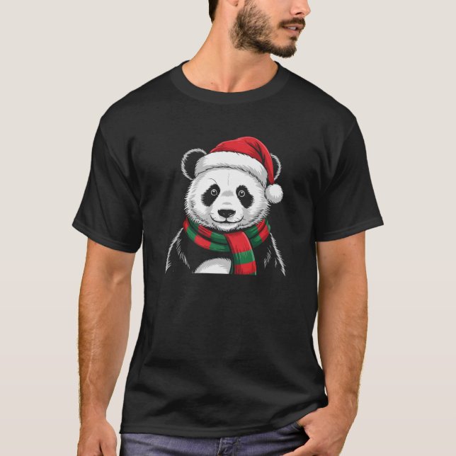 Panda Xmas Santa Hat Scarf Christmas Costume Premi T-Shirt (Front)