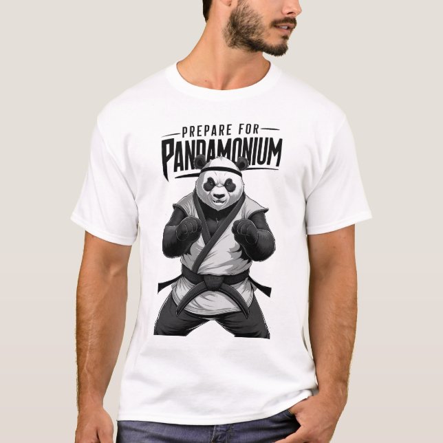 Pandamonium Funny Panda Bear Martial Artists Pun T-Shirt (Front)