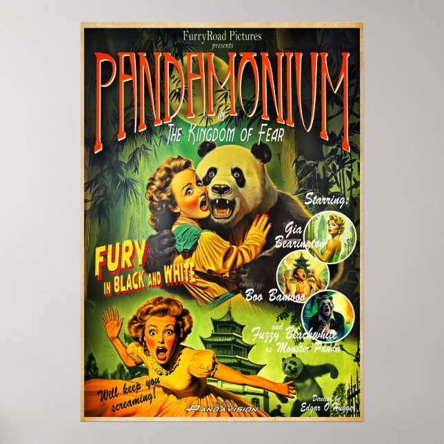 Pandamonium Funny Panda retro horror movie poster (Front)