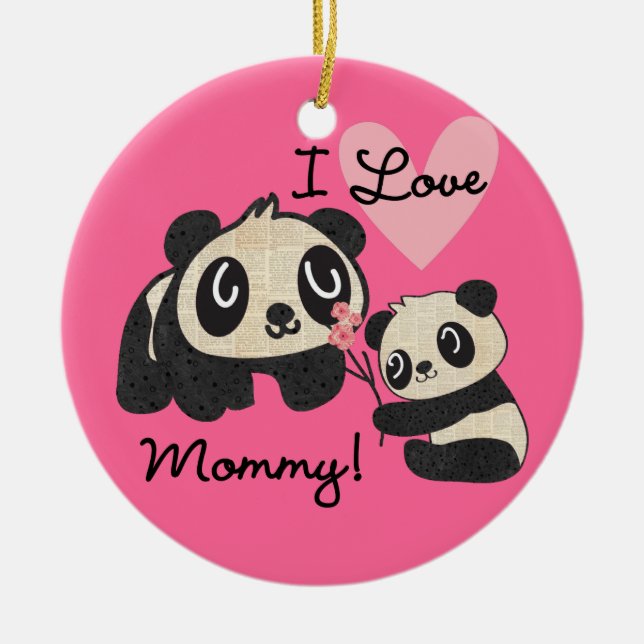 Pandas I Love Mummy Ceramic Tree Decoration (Front)