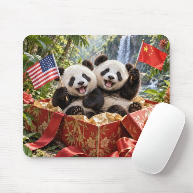Pandas in Gift Box Mouse Mat (With Mouse)