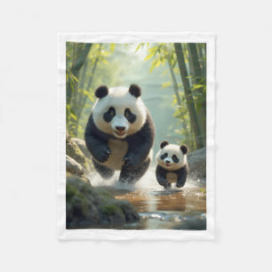 Pandas Running by River Cosy Fleece Blanket