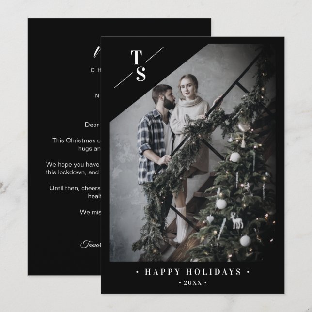 Pandemic Modern Black Happy Holidays Custom Photo Holiday Card (Front/Back)