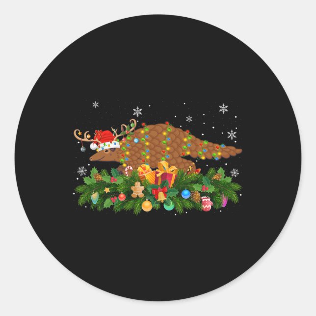 Pangolin Animal Lover Reindeer Santa Hat Pangolin  Classic Round Sticker (Front)