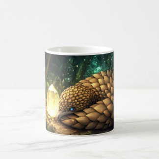 pangolin in a forest environment, curled up in a b coffee mug