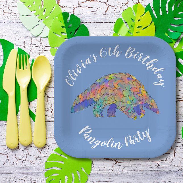 Pangolin Party Blue Paper Plate (Cute pangolin 6th birthday party custom blue paper plate wildlife and nature party)