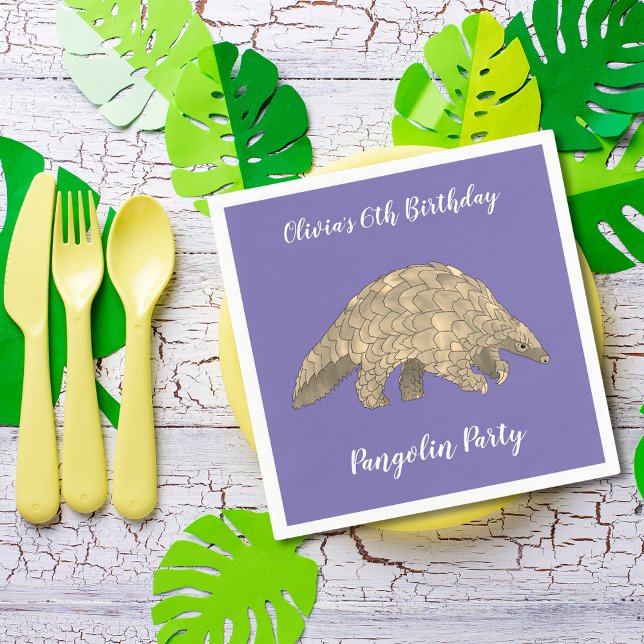 Pangolin Party Girls 6th Birthday Purple Add Name  Napkin (Cute pangolin wildlife animal art 6th birthday party custom purple paper napkins )