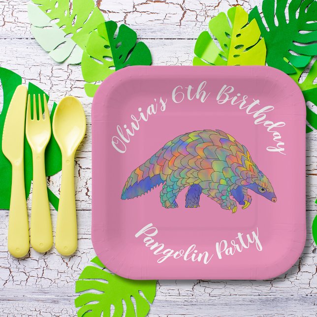 Pangolin Party Pink Paper Plate (Cute pangolin 6th birthday party personalized name pink paper plate)