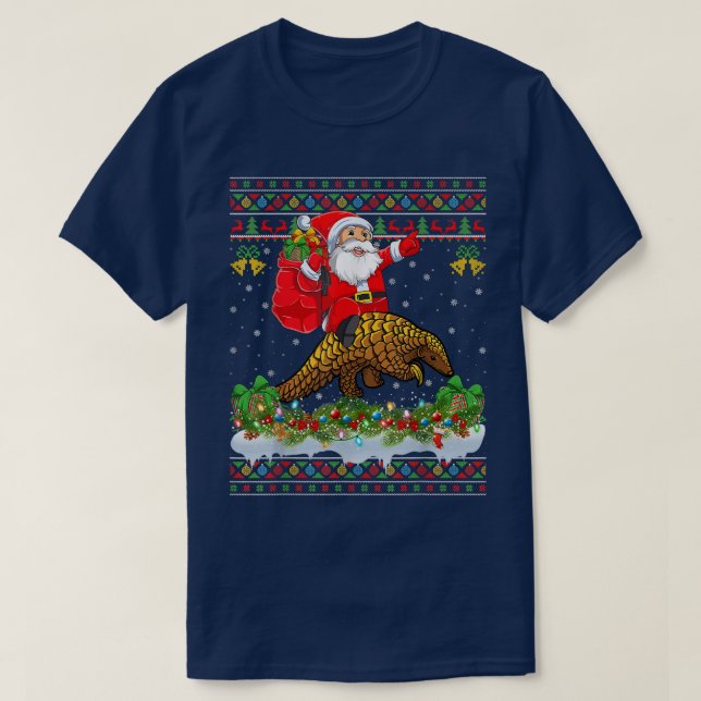 Pangolin Xmas Pyjamas Ugly Santa Riding Pangolin C T-Shirt (Design Front)