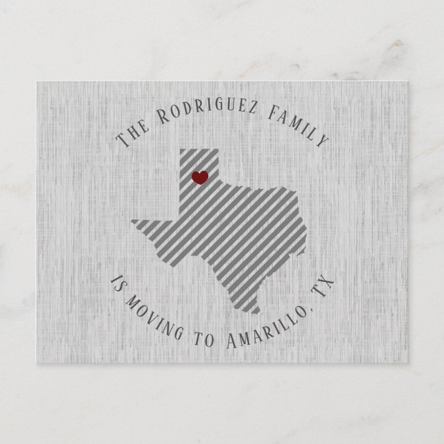 Panhandle Grey Linen and Heart Texas Moving Announcement Postcard (Front)