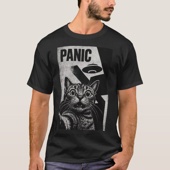 "Panic" Terrified Cat & UFO Sci-Fi Art Print T-Shirt (Front)