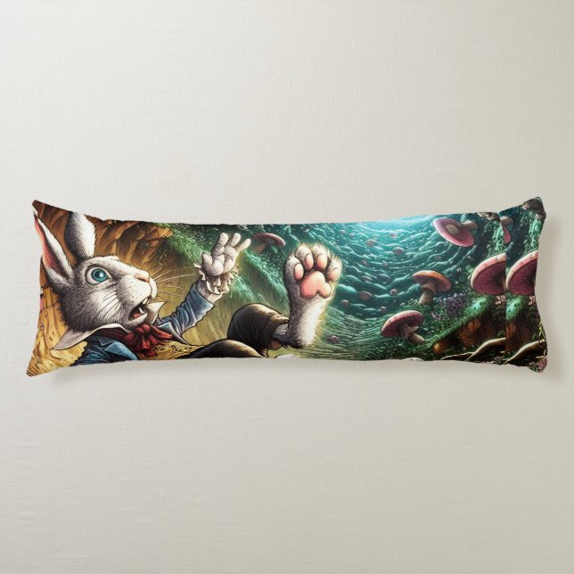 Panicked Bunny Falling Down The Rabbit Hole Body Cushion (Front)