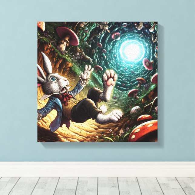 Panicked Bunny Falling Down The Rabbit Hole Canvas Print (Insitu(Wood Floor))