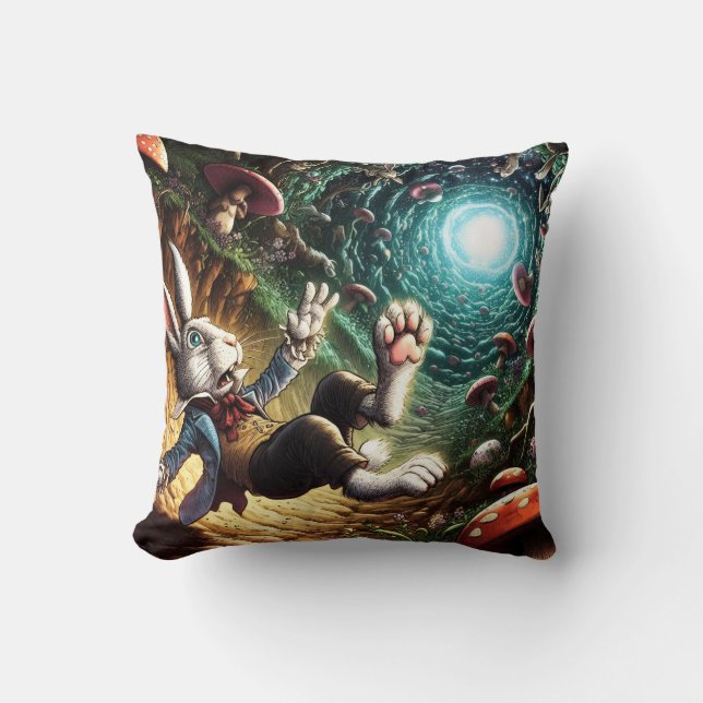 Panicked Bunny Falling Down The Rabbit Hole Cushion (Front)