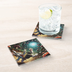 Panicked Bunny Falling Down The Rabbit Hole Glass Coaster
