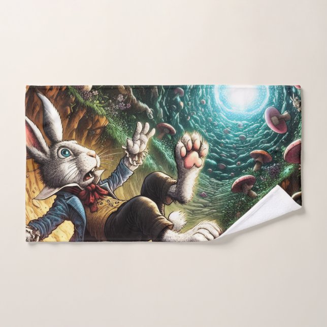 Panicked Bunny Falling Down The Rabbit Hole Hand Towel (Hand Towel)
