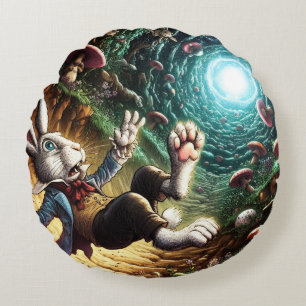 Panicked Bunny Falling Down The Rabbit Hole Round Cushion