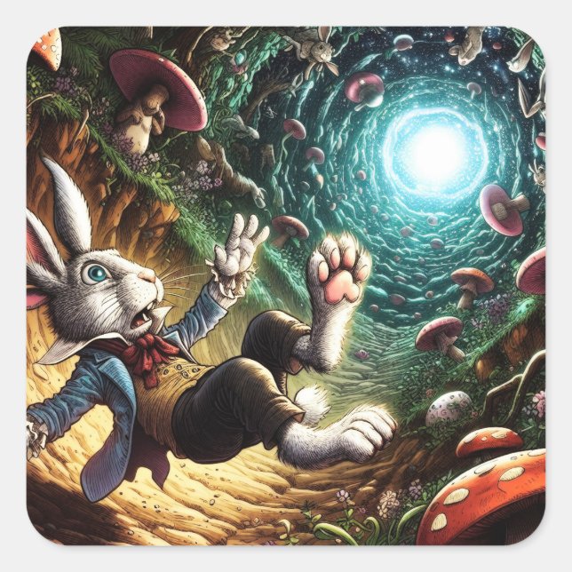 Panicked Bunny Falling Down The Rabbit Hole Square Sticker (Front)
