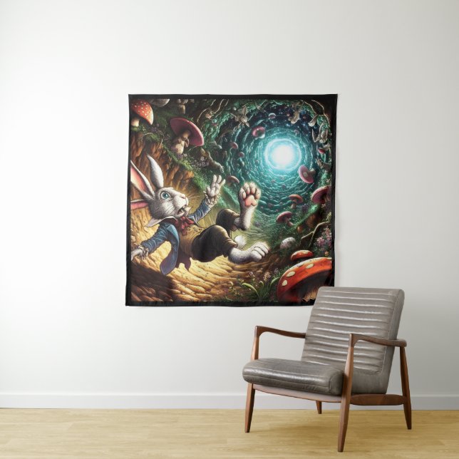 Panicked Bunny Falling Down The Rabbit Hole Tapestry (In Situ)