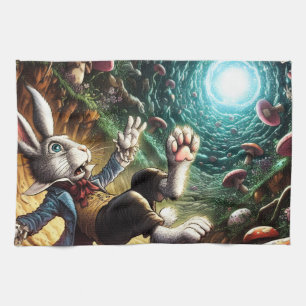 Panicked Bunny Falling Down The Rabbit Hole Tea Towel