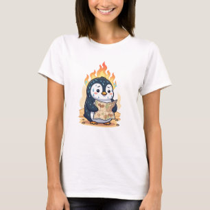 Panicked Cartoon Penguin Holding Map with Fire T-Shirt
