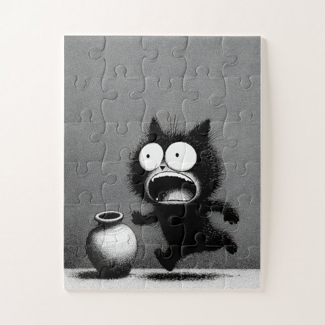 Panicked Cat & Vase – Monochrome Cartoon Puzzle (Vertical)