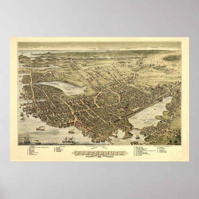 Panorama Birds Eye View of Portsmouth NH 1877 Poster (Front)