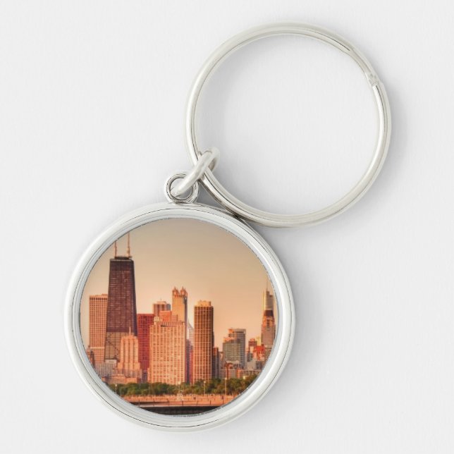 Panorama of Chicago skyline at sunrise Key Ring (Front)