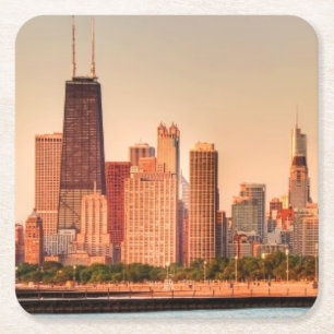 Panorama of Chicago skyline at sunrise Square Paper Coaster